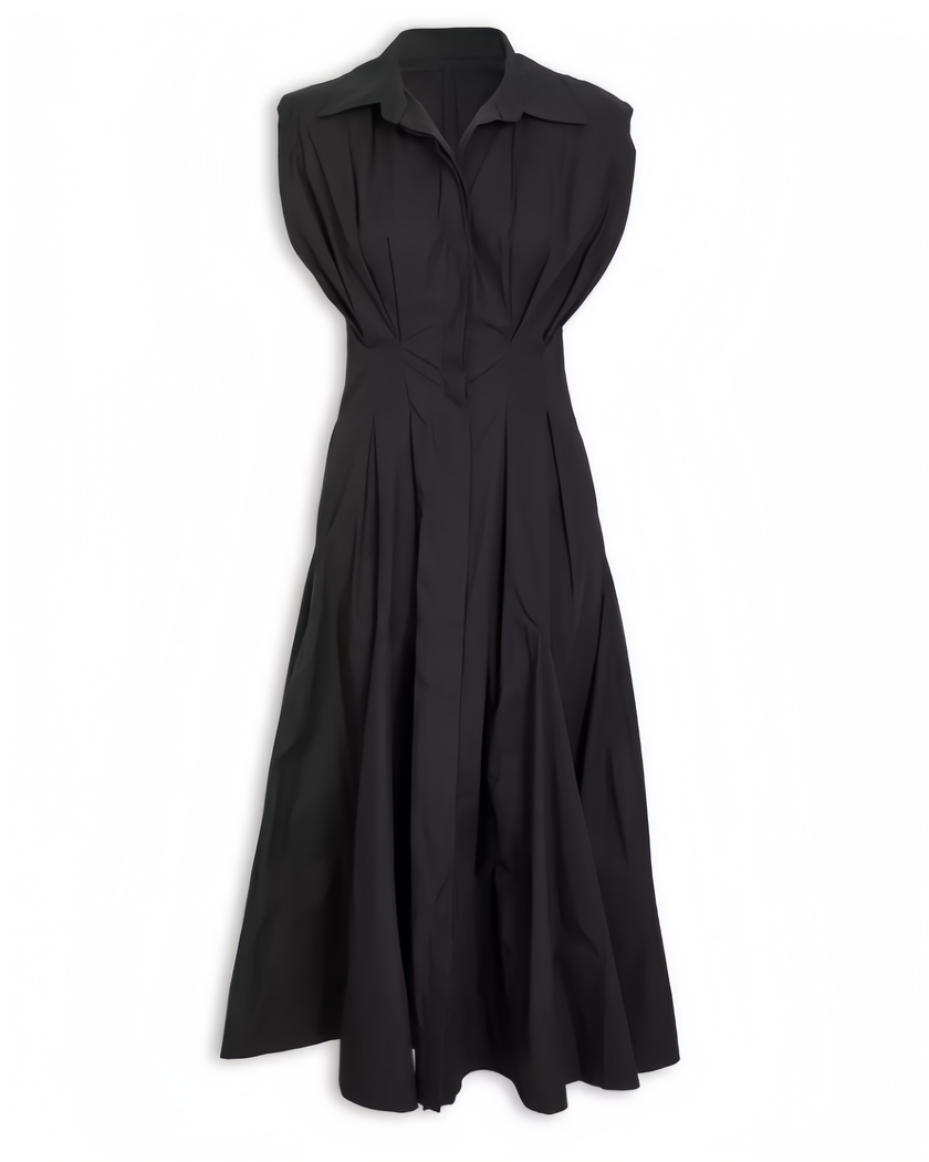 Sleeveless Pleated Belt Dress with Buttoned Front and Relaxed Skirt