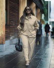 Camel twin set shirt and pants with button pockets, adjustable fit