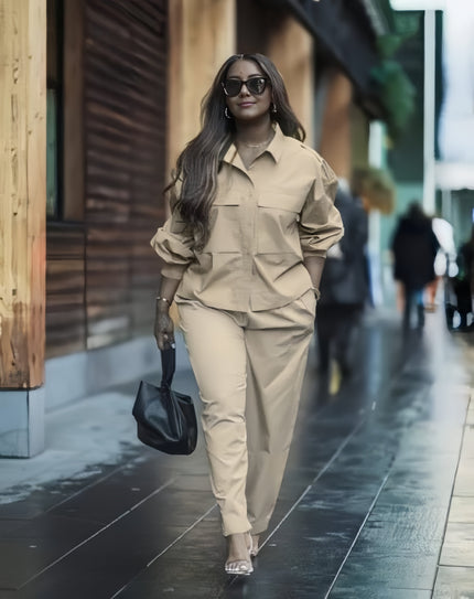 Camel two-piece collared shirt and tapered pants set with button front and patch pockets