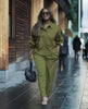 Army green twin set shirt and pants with flap pockets, relaxed adjustable fit