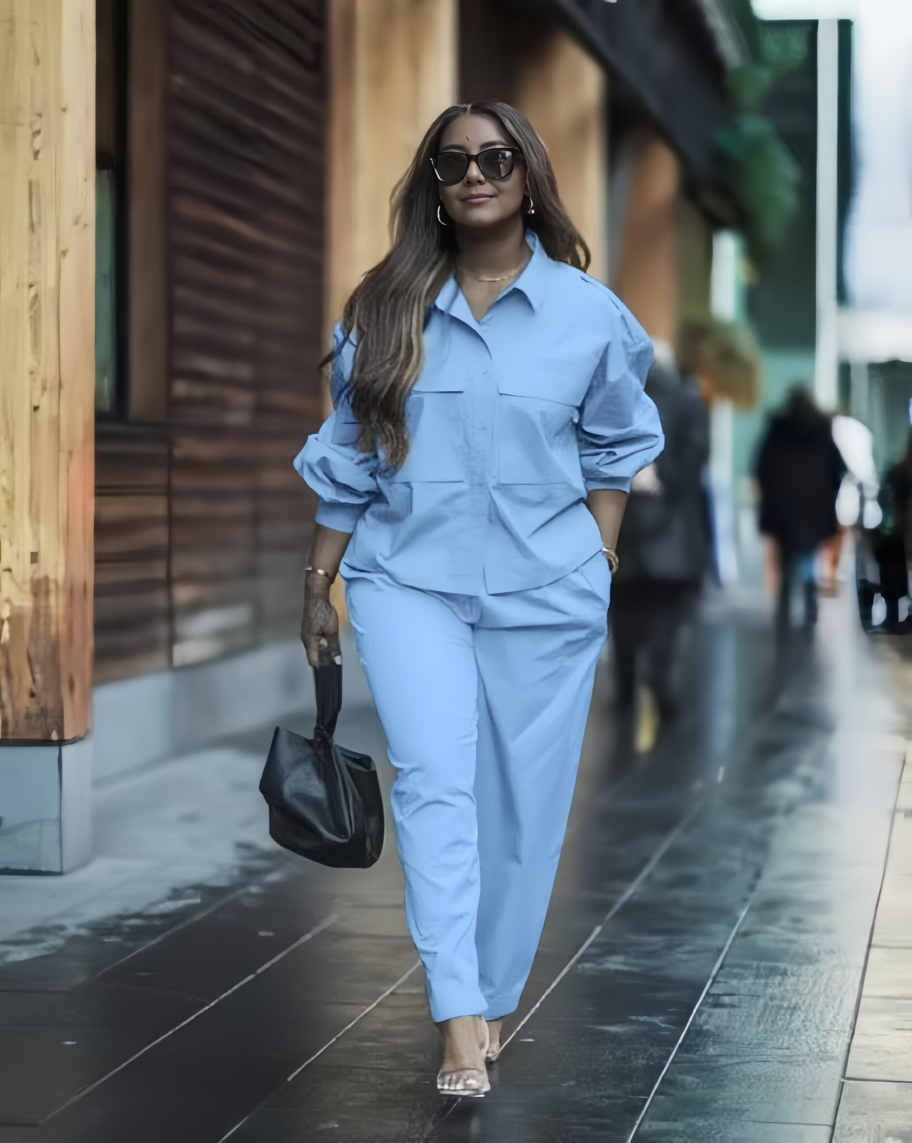 Sky blue twin set shirt and pants with chest pockets, adjustable fit