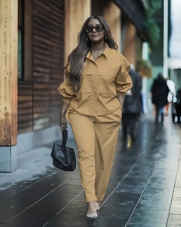 Camel two-piece collared shirt and tapered pants set with button placket and patch pockets
