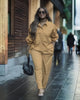 Camel two-piece collared shirt and tapered pants set with button placket and patch pockets