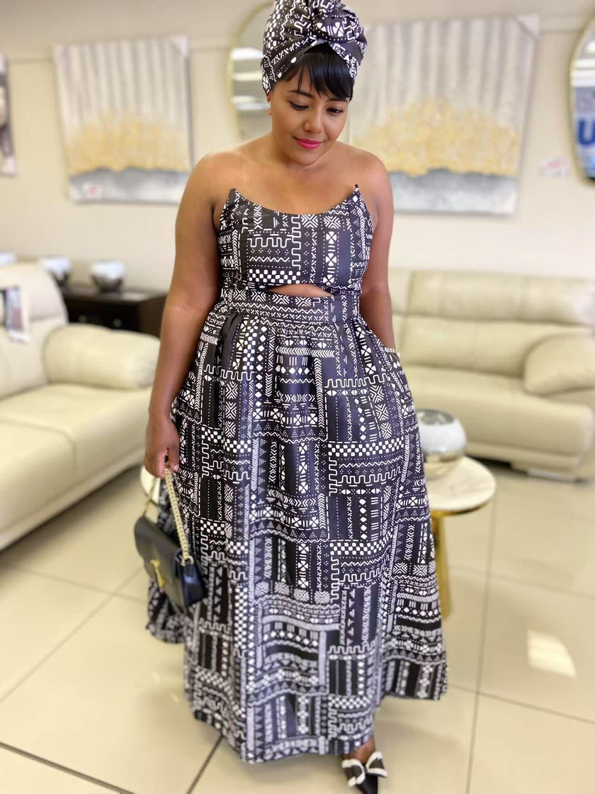 Chinese Retro Style Sleeveless Cutout Dress, Geometric Pattern Design, Loose Long Skirt