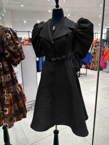 Black puff sleeve midi dress with adjustable waist tie and button front