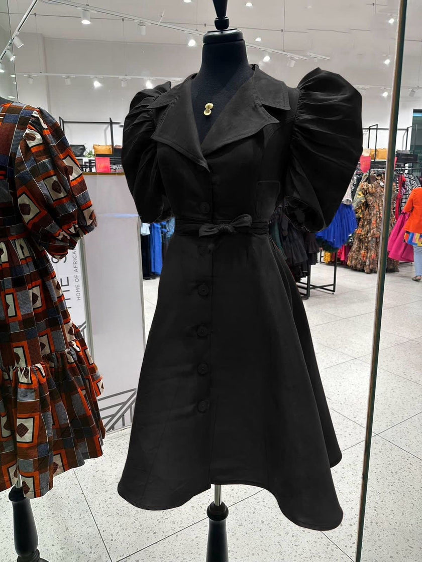Black puff sleeve midi dress with adjustable waist tie and button front