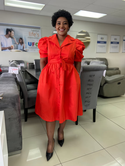 Orange puff sleeve midi dress with collared neckline and adjustable waist tie