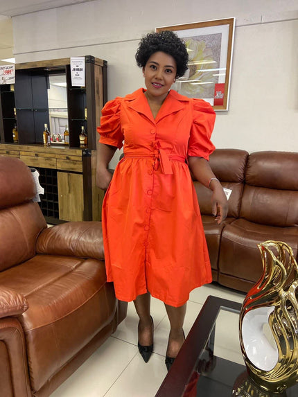 Orange puff sleeve midi dress with adjustable waist tie and button front