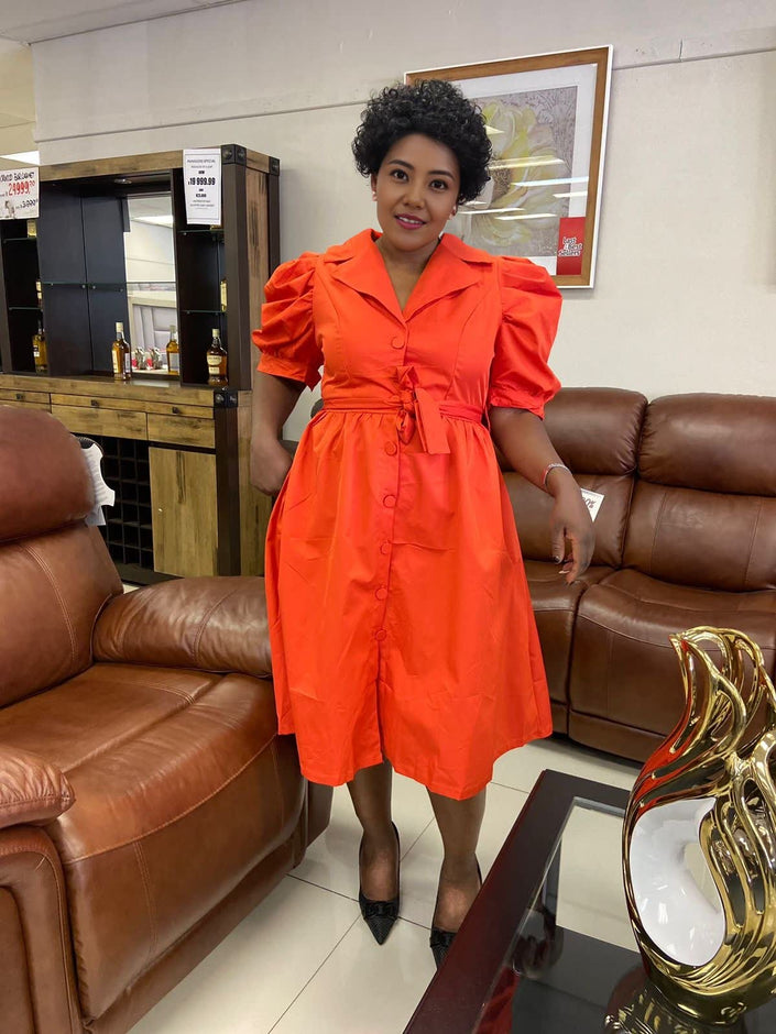 Orange puff sleeve midi dress with adjustable waist tie and button front