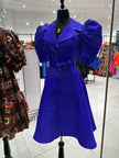 Blue puff sleeve midi dress with adjustable waist tie and button front