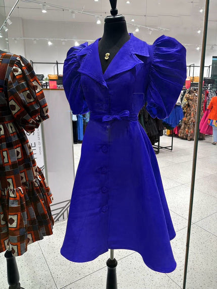 Blue puff sleeve midi dress with adjustable waist tie and button front