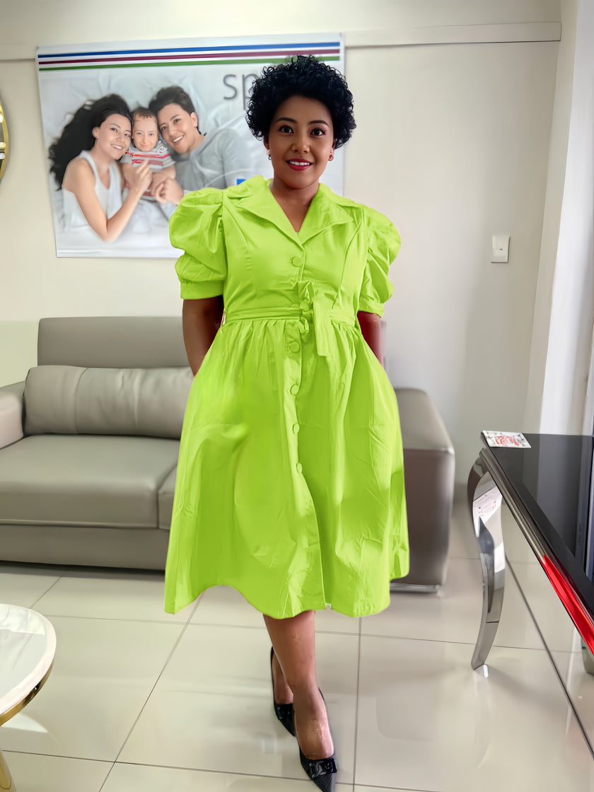 Chic Puffy Sleeve Dress with Cinched Waist and Button Detailing