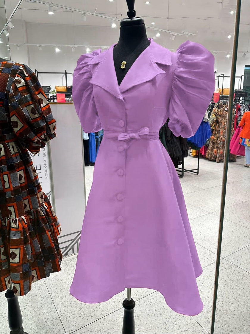 Chic Puffy Sleeve Dress with Cinched Waist and Button Detailing