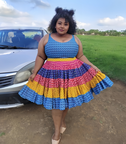 Sleeveless A-line chevron dress with blue bodice and tiered multicolor skirt