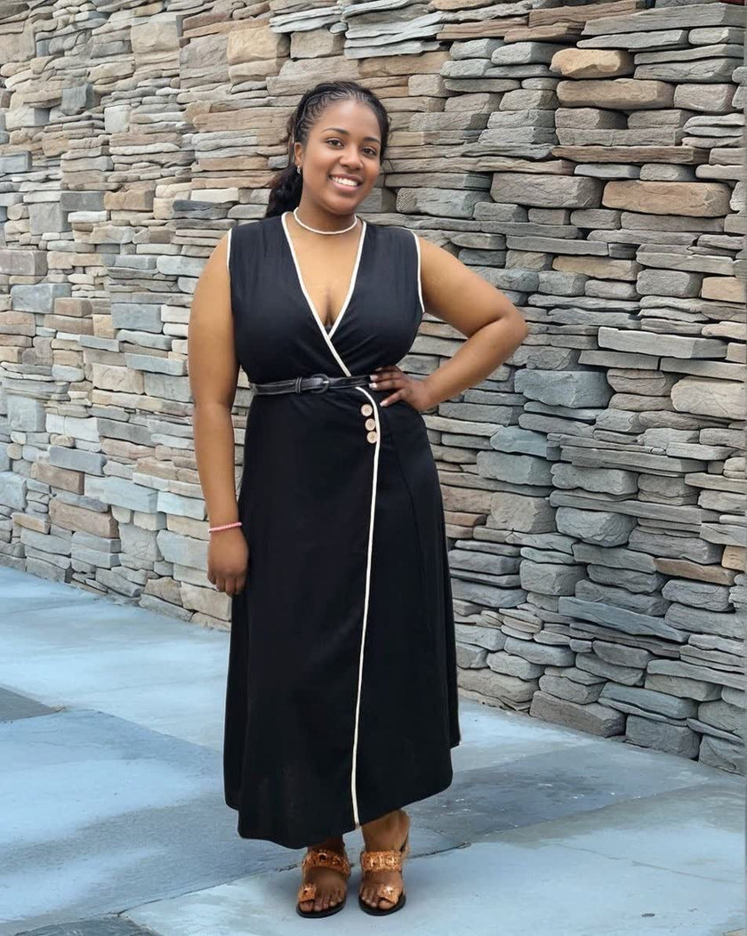 legant V-neck Sleeveless Midi Dress with Button Accents