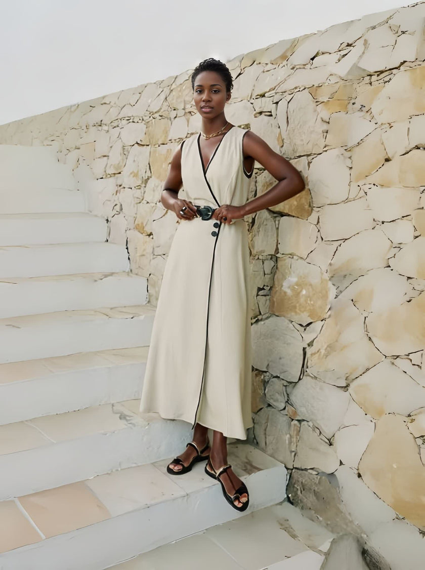 legant V-neck Sleeveless Midi Dress with Button Accents