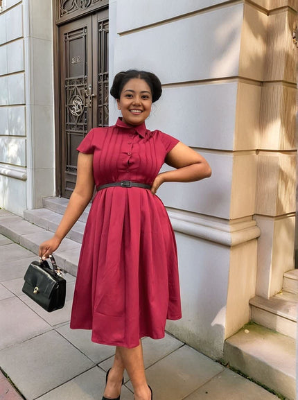 Maroon belted midi dress with button front, short sleeves, pleated skirt, tie waist