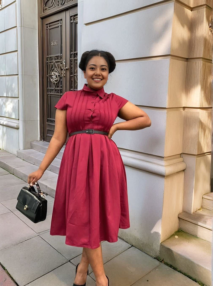 Maroon belted midi dress with button front, short sleeves, pleated skirt, tie waist