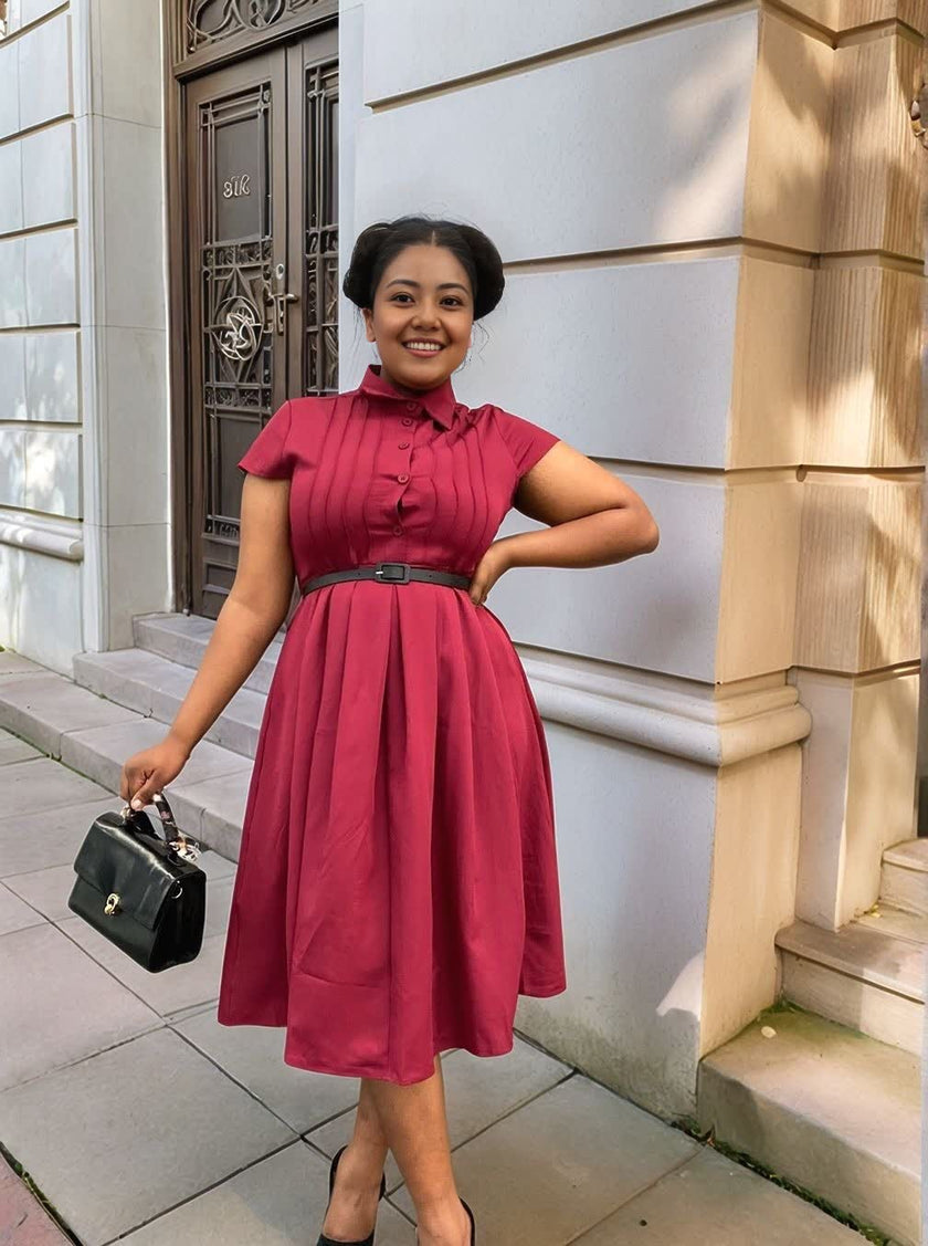 Maroon belted midi dress with button front, short sleeves, pleated skirt, tie waist