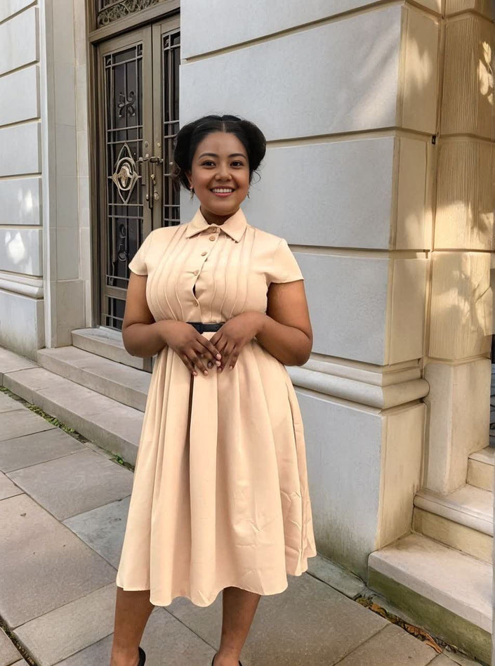 Light beige belted midi dress with collared button front and pleated skirt