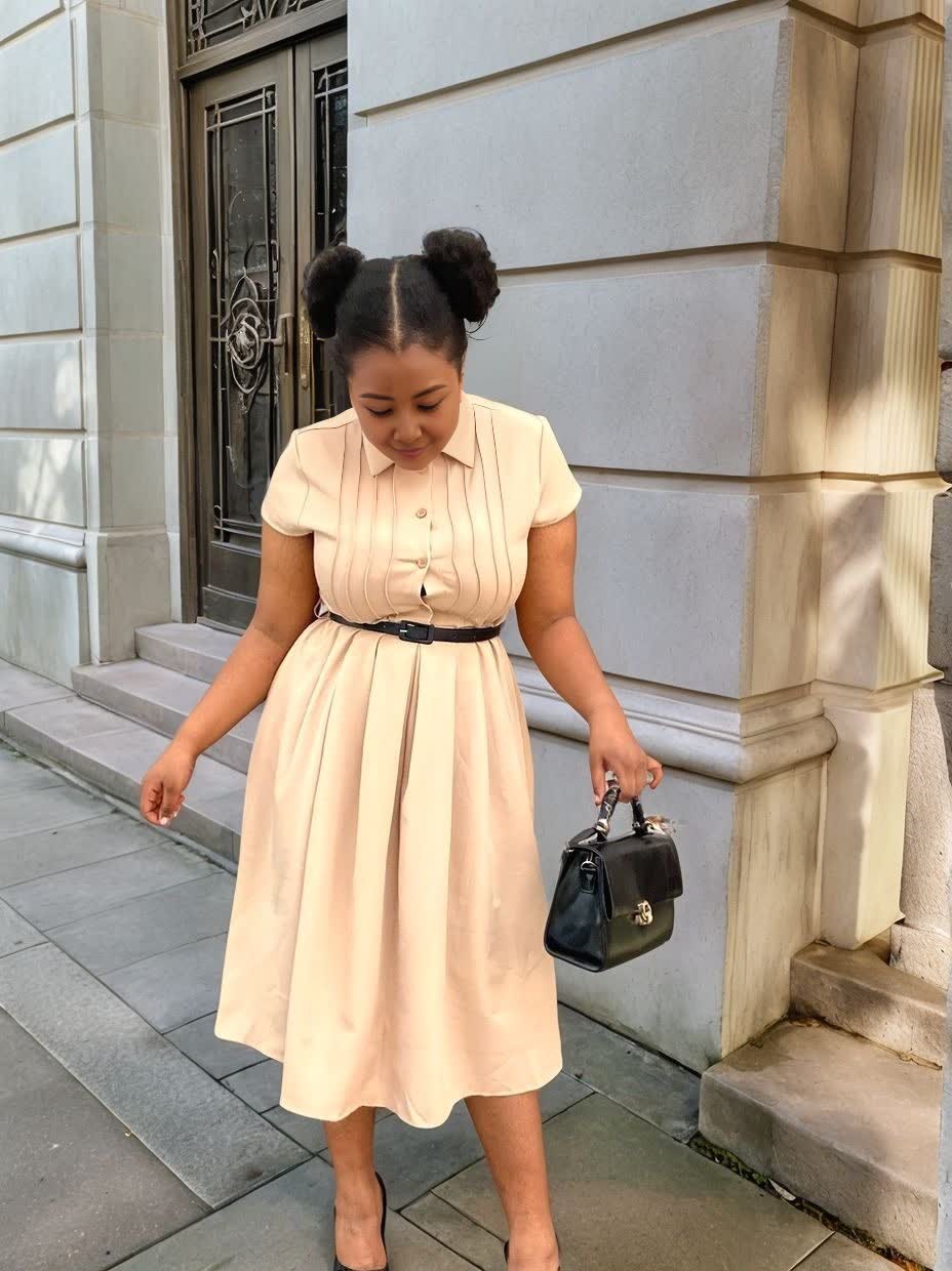 Cream belted midi dress with short sleeves, button placket, pleated skirt, tie waist