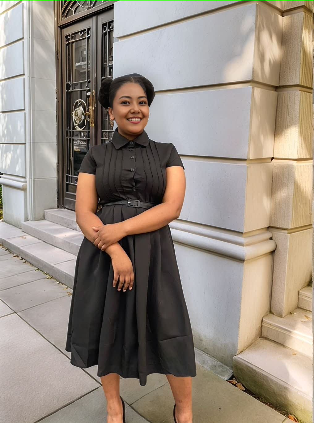 Black belted midi dress with collared button front and pleated midi skirt