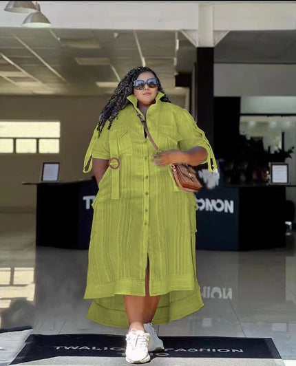 Striped button-front midi dress in yellow-green, short sleeves, open collar