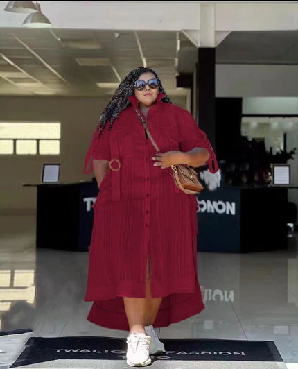 Striped button-front midi dress in maroon, short sleeves, open collar