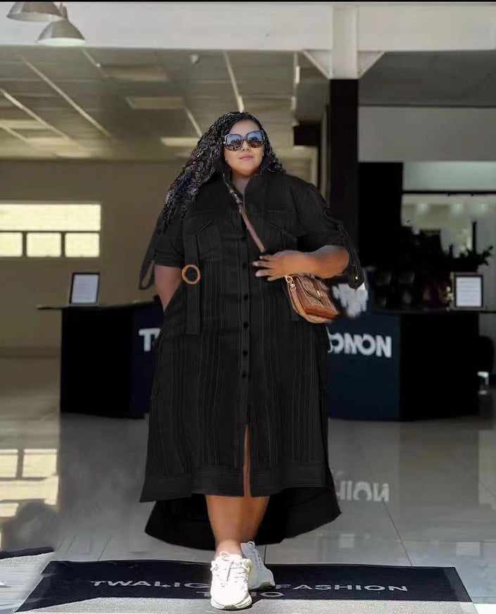 Striped button-front midi dress in black, short sleeves, open collar
