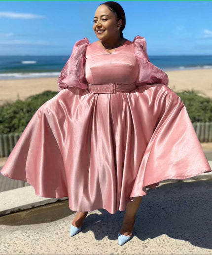 Pink satin midi dress with puff sleeves and waist belt, gathered A-line skirt