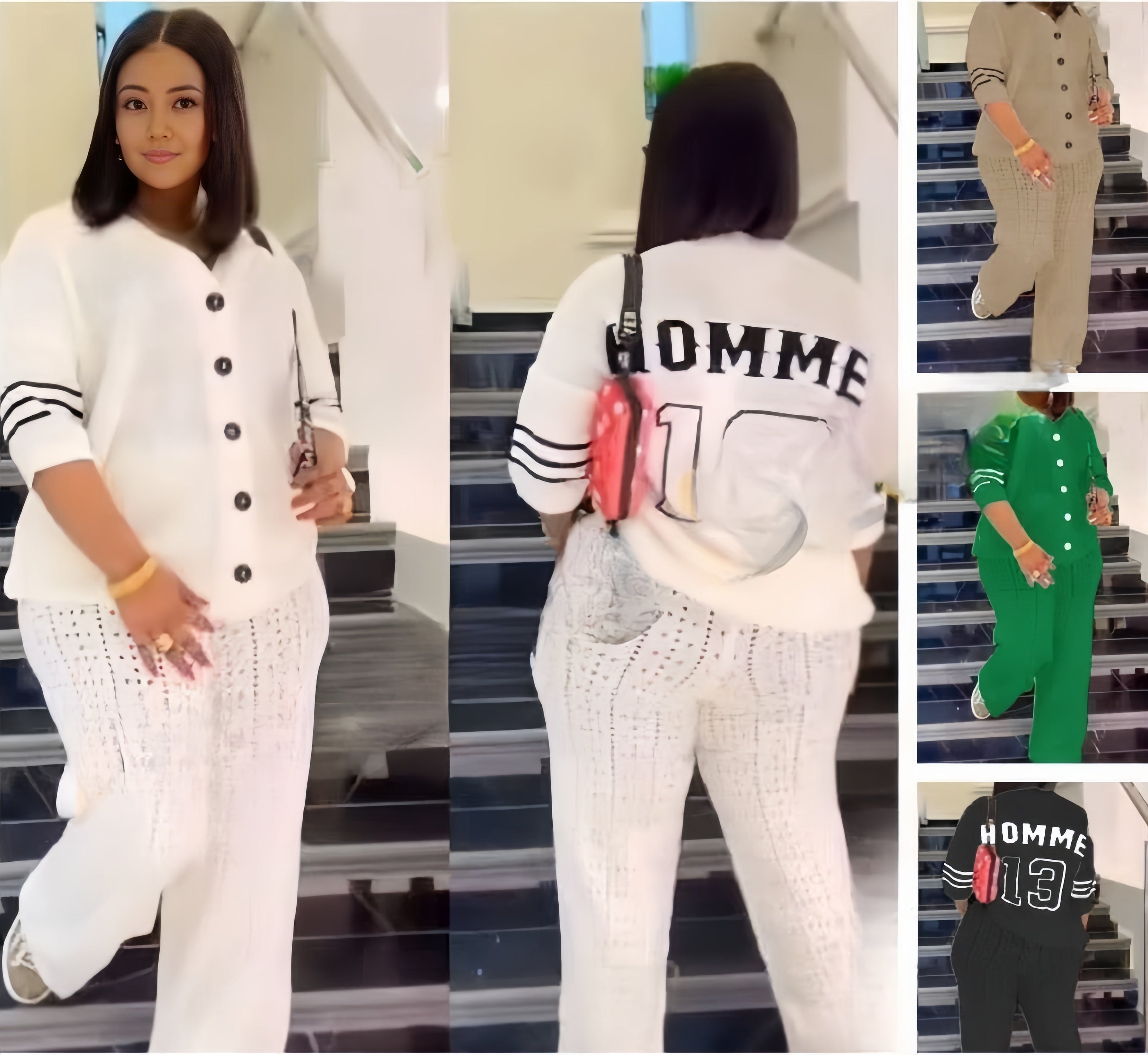 White loose-fit lettered top and pants set, button front, cuffed sleeves, eyelet hem