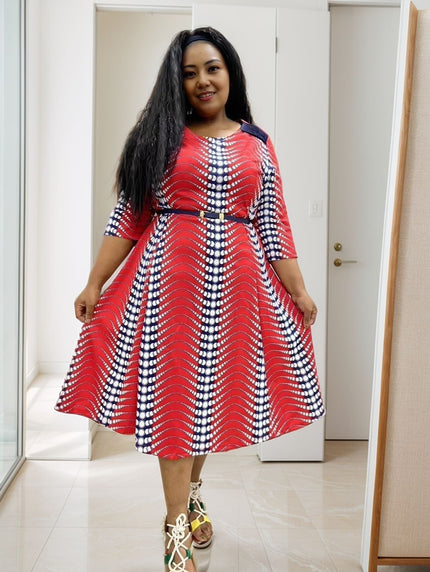 Plus size polka dot midi dress with belt, red-and-navy with white dot print, short sleeves