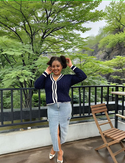 Knit cardigan navy mit weißen Kordelstreifen am V-Ausschnitt, lange Ärmel
