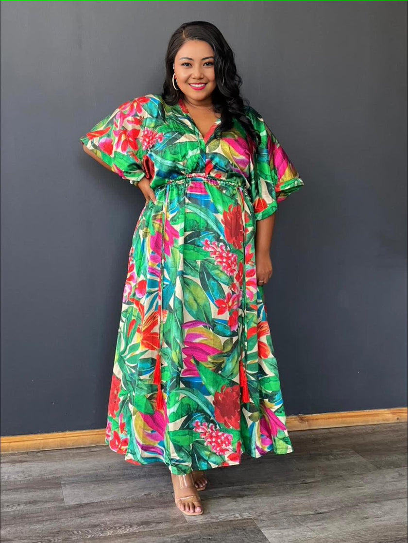 Tropical Floral V-Neck Maxi Dress with Short Sleeves