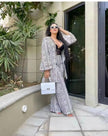 Printed wide-leg trouser twin set with matching open-front top and belt tie