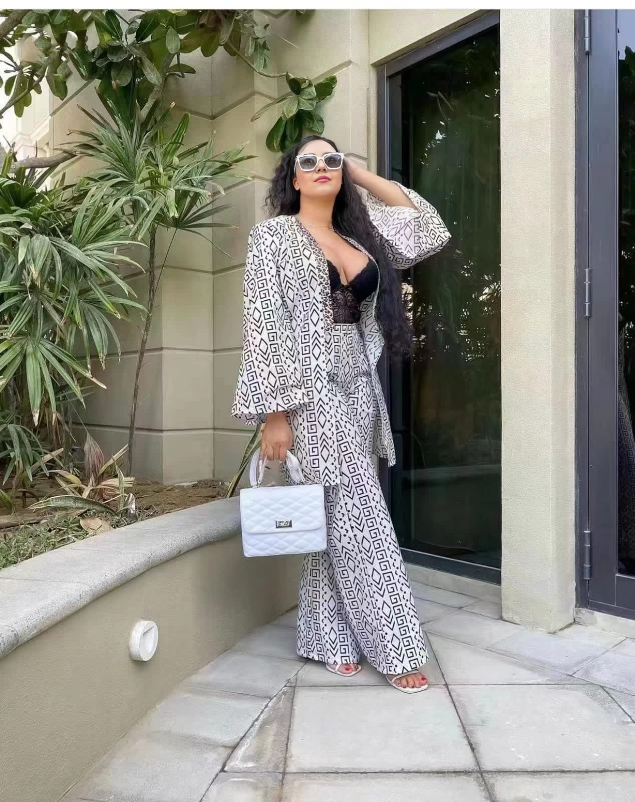 Printed wide-leg trouser twin set with matching open-front top and belt tie