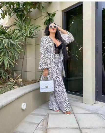 Printed wide-leg trouser twin set with matching open-front top and belt tie
