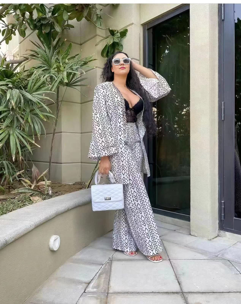 Printed wide-leg trouser twin set with matching open-front top and belt tie