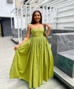 Lime-green sleeveless maxi dress with square neckline and pleated full skirt