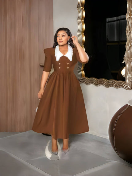 Vintage midi dress with puff sleeves, white contrast collar, brown gathered skirt with gold buttons