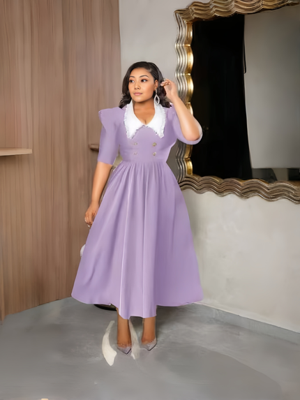 FashionPrice Vintage Midi Dress Puff Sleeve Contrast Collar