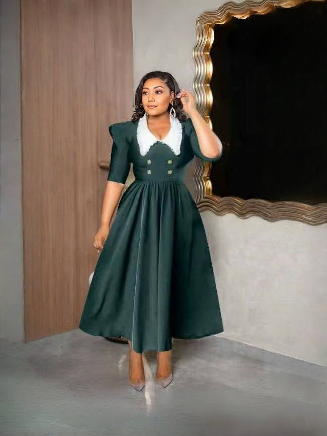 Vintage-Inspired Midi Dress with Puff Sleeves, White Contrast Collar & Button-Front Flare Skirt