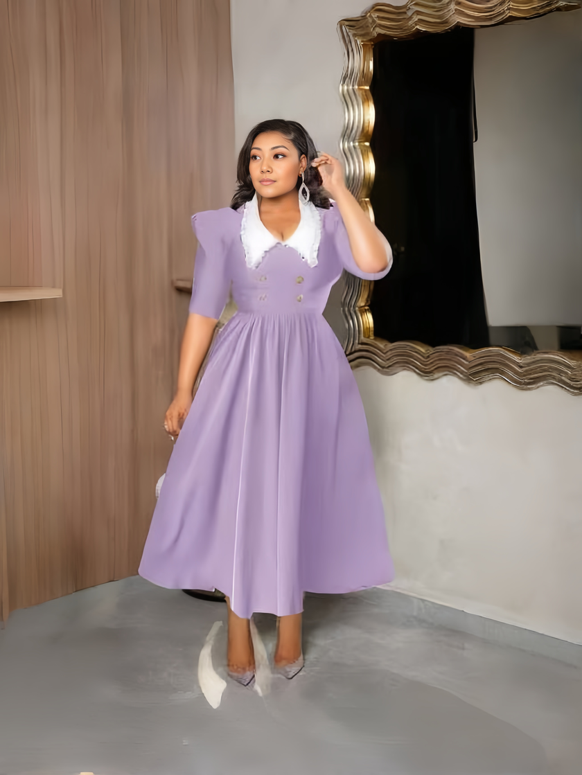 Vintage-Inspired Midi Dress with Puff Sleeves, White Contrast Collar & Button-Front Flare Skirt