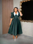 FashionPrice Vintage Midi Dress Puff Sleeve Contrast Collar