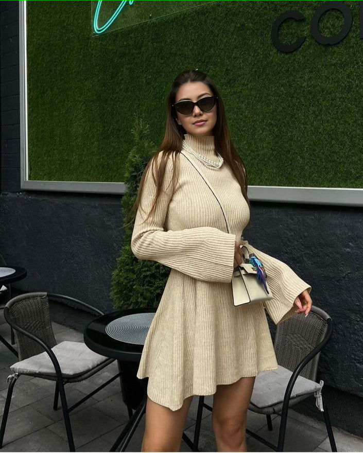 Khaki ribbed knit dress with high neck and long sleeves, loose A-line skirt