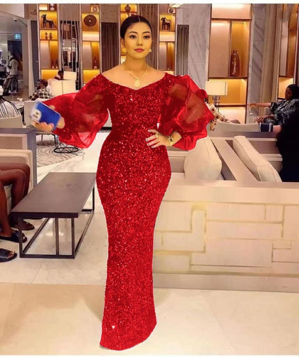Red sequin maxi dress with puff sleeves, fitted mermaid silhouette
