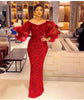 Sequin-Embellished V-Neck Gown with Sheer Puff Sleeves