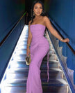 Light-purple strapless jumpsuit with ruched bodice and side-tie wide-leg