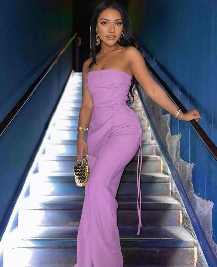 Light-purple strapless jumpsuit with side tie bands and wide legs