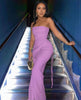 Light-purple strapless jumpsuit with ruched bodice and side-tie wide-leg